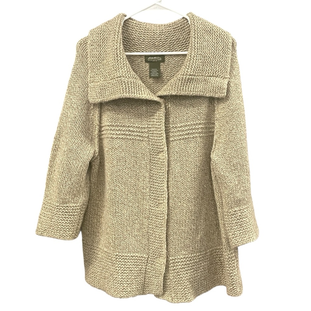 Eddie Bauer Alpaca Wool Blend Cardigan Sweater XXL Beige Knit 3/4 Sleeve